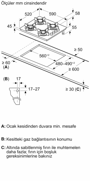 OO36P9O10D Gazlı Ocak 60 cm Sert cam, Platin gri