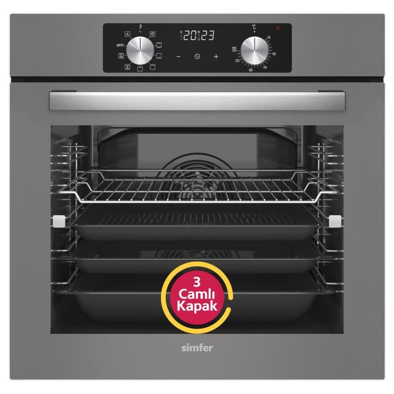 Simfer 8213 AirFry Plus Ankastre Fırın 10 Fonksiyon Dijital Saat, Grill, Teleskobik Ray, Gri