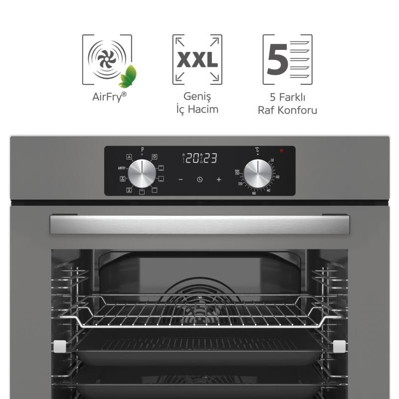 Simfer 8213 AirFry Plus Ankastre Fırın 10 Fonksiyon Dijital Saat, Grill, Teleskobik Ray, Gri