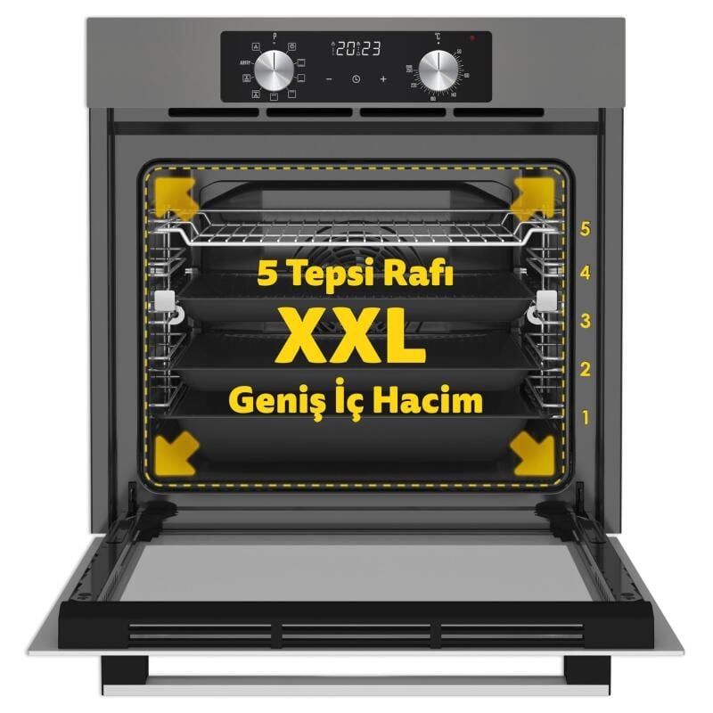 Simfer 8213 AirFry Plus Ankastre Fırın 10 Fonksiyon Dijital Saat, Grill, Teleskobik Ray, Gri